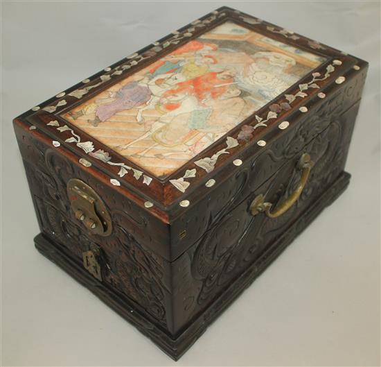 A Chinese rosewood and painted alabaster box, 19th century, length 35cm, width 23cm